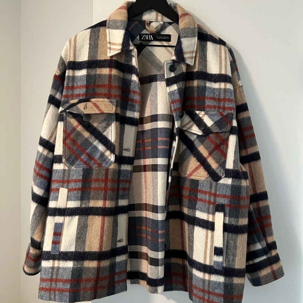 Zara Women's Checkered Utility Jacket - Navy and Red